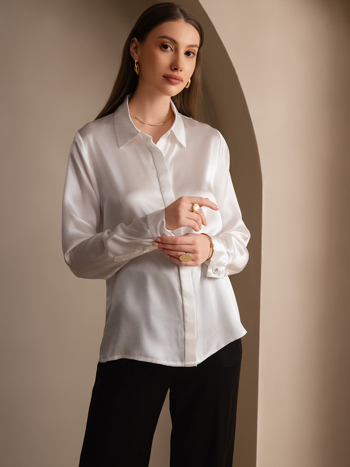 [Hvid] SilkSilky-DK 19Momme Silke Womens Shirt 005