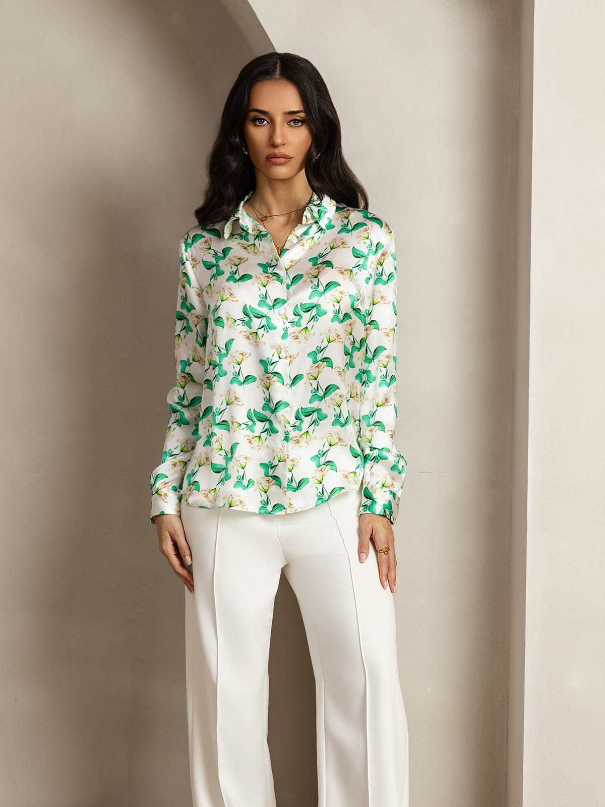 [Grøn Blomster] SilkSilky-DK Silke Lapel Collar Dameskjorte 003