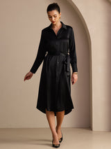 [Sort] SilkSilky-DK Long Sleeve Lapel Collar Kjole 005