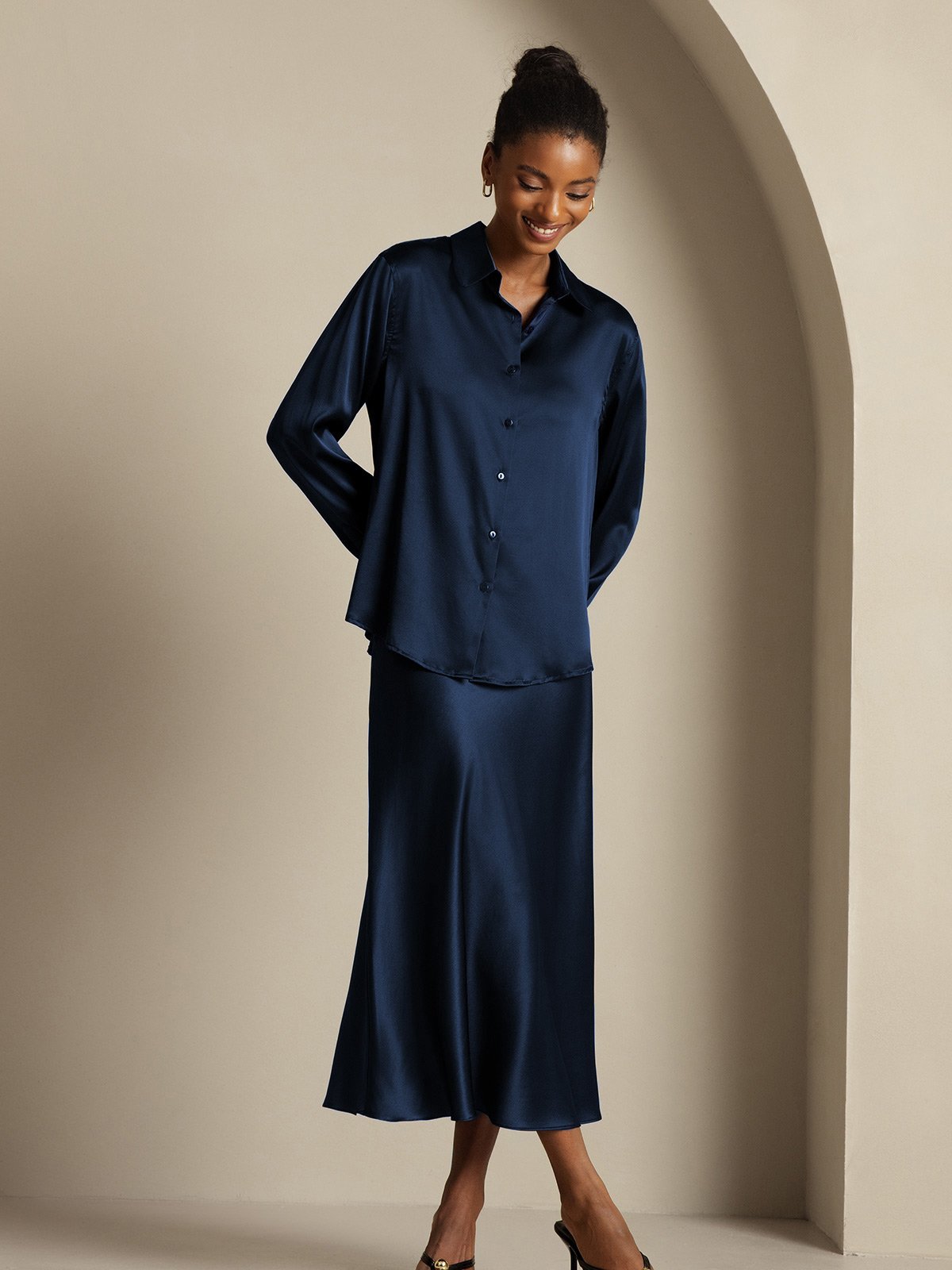 [Mørkeblå] SilkSilky-DK 19Momme Silke Womens Outfit Sets 004,