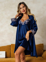 [Mørkeblå] SilkSilky-DK 3/4 Sleeve V Neck Natkjole & Morgenkåbe Sæt 001
