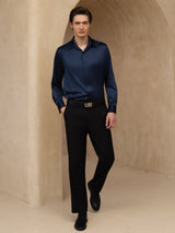 [Mørkeblå] SilkSilky-DK Long Sleeve Lapel Collar Herreskjorte 007