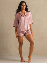 [Ferskenhud] SilkSilky-DK 19Momme Halv ærme Notchkrage Dame Pyjamas 007