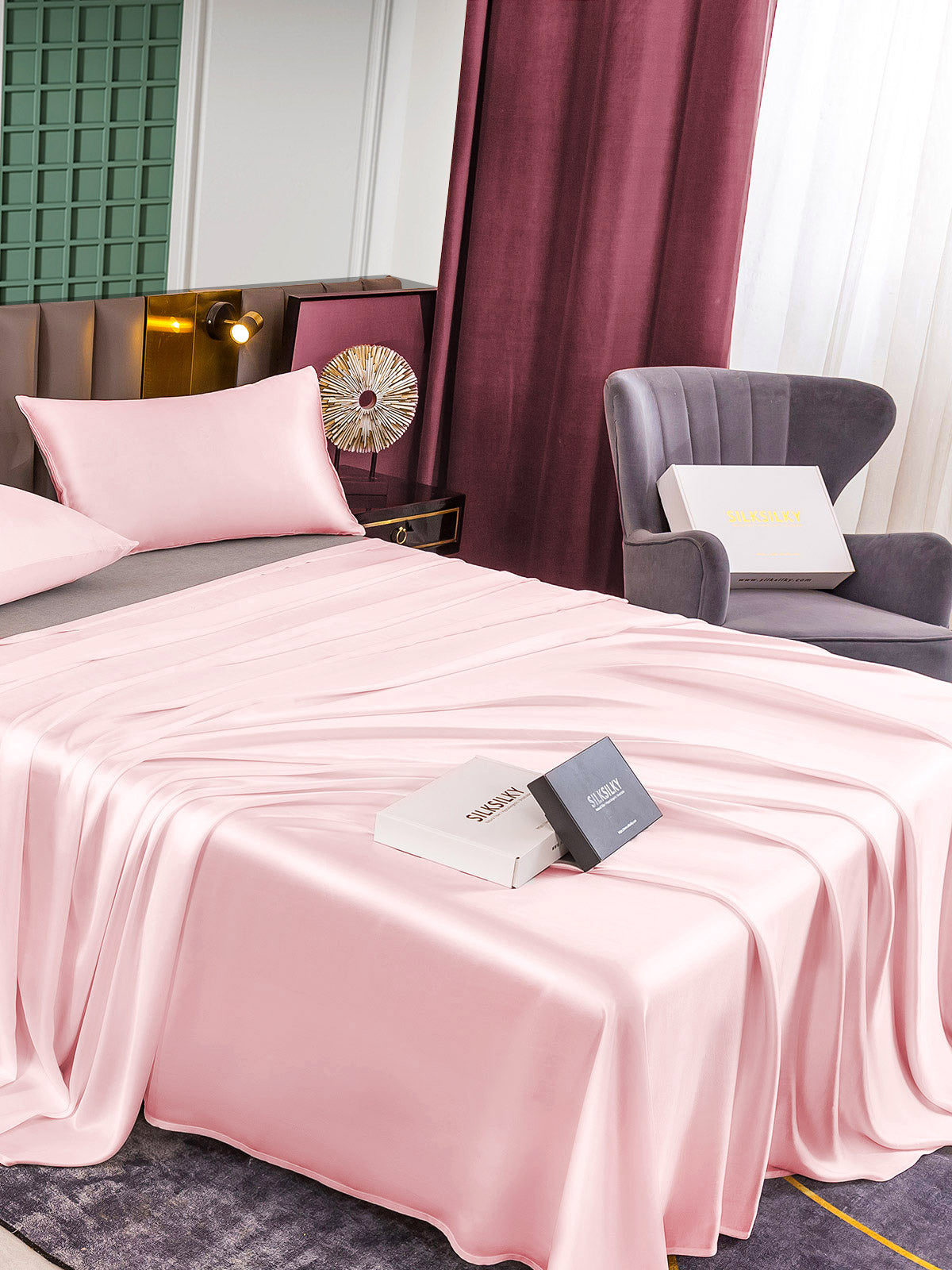 [Lyserød] SilkSilky-DK 25Momme Bedding Set 004