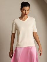 [Beige] SilkSilky-DK Kort ærme V Hals T-shirt til kvinder 005