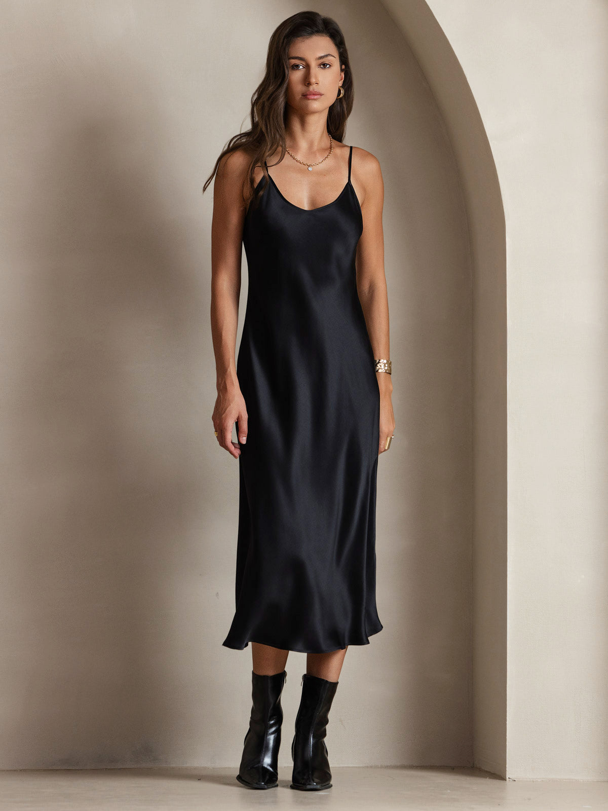 [Sort] SilkSilky-DK Sleeveless V Neck Kjole 001
