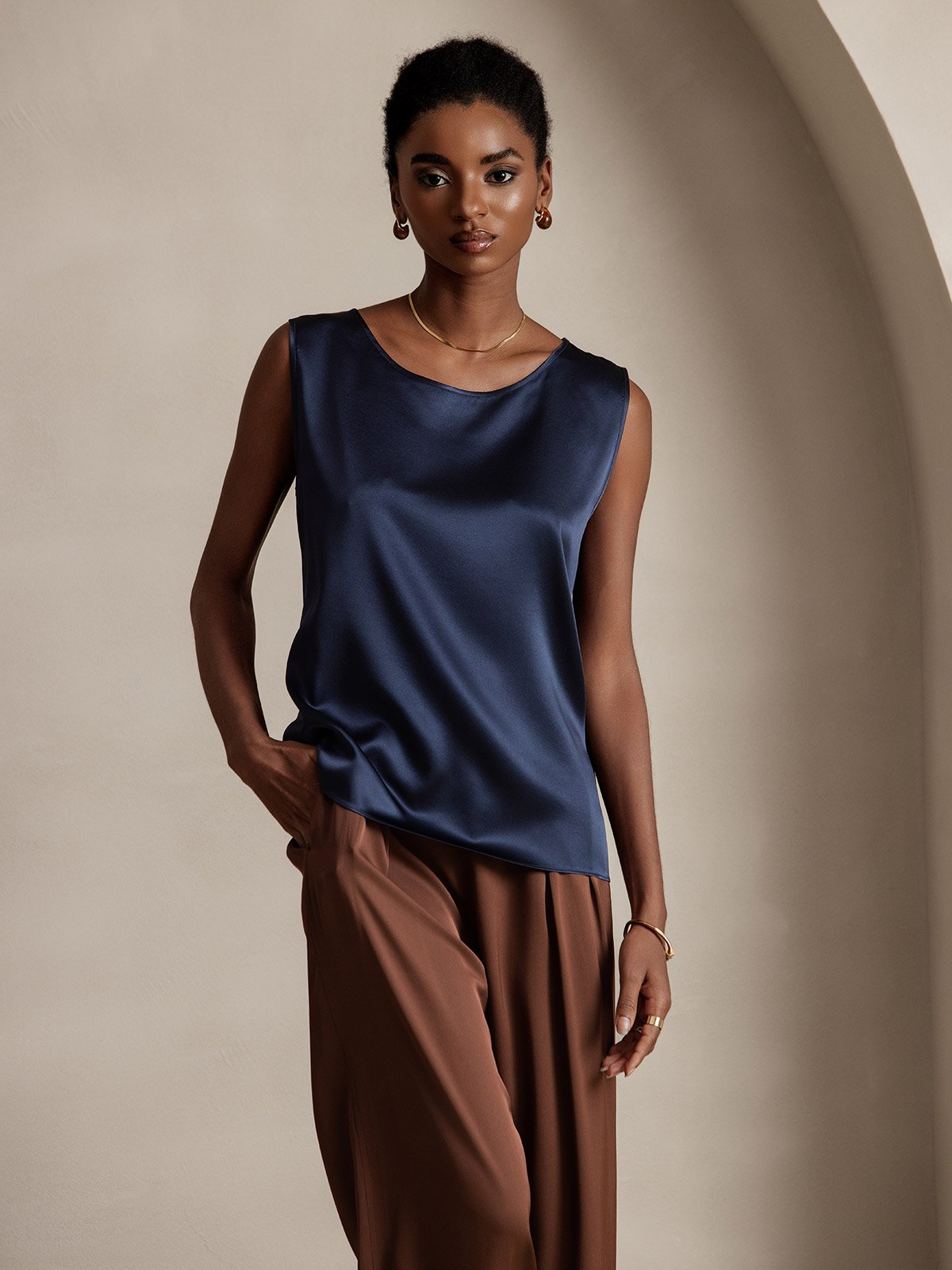 [Mørkeblå] SilkSilky-DK 19Momme Ærmeløs Rund Hals Camisole Top 001