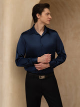 [Mørkeblå] SilkSilky-DK Long Sleeve Lapel Collar Herreskjorte 004