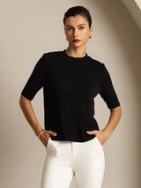[Sort] SilkSilky-DK Half Sleeve Crew Neck T-shirt til kvinder 001