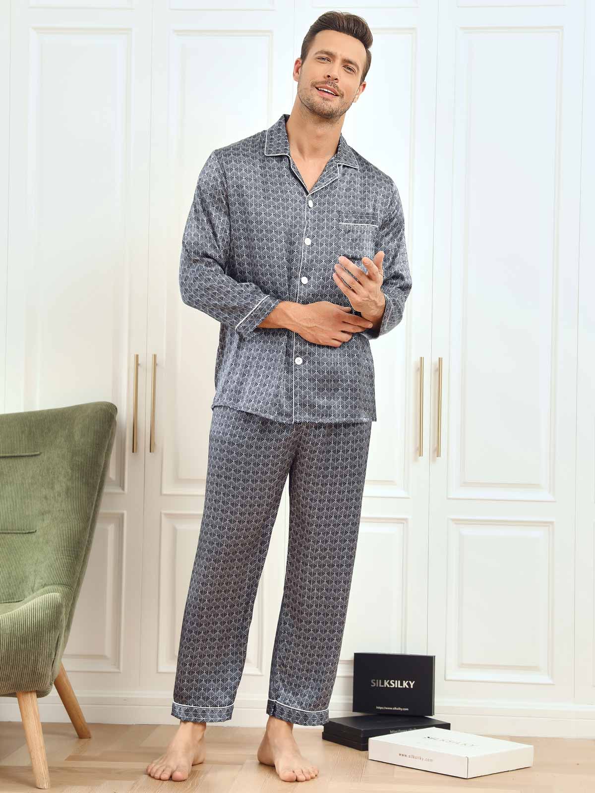 [Marine Ginkgo] SilkSilky-DK 19Momme Mens Pajamas 006