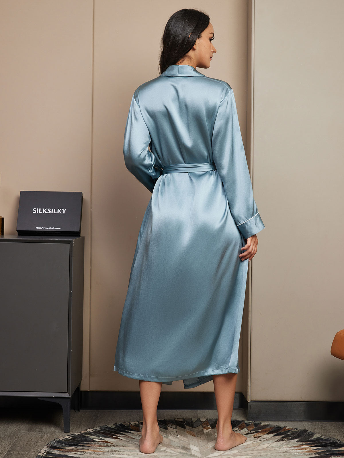 [Gråblå] SilkSilky-DK 19Momme Womens Robe 002,