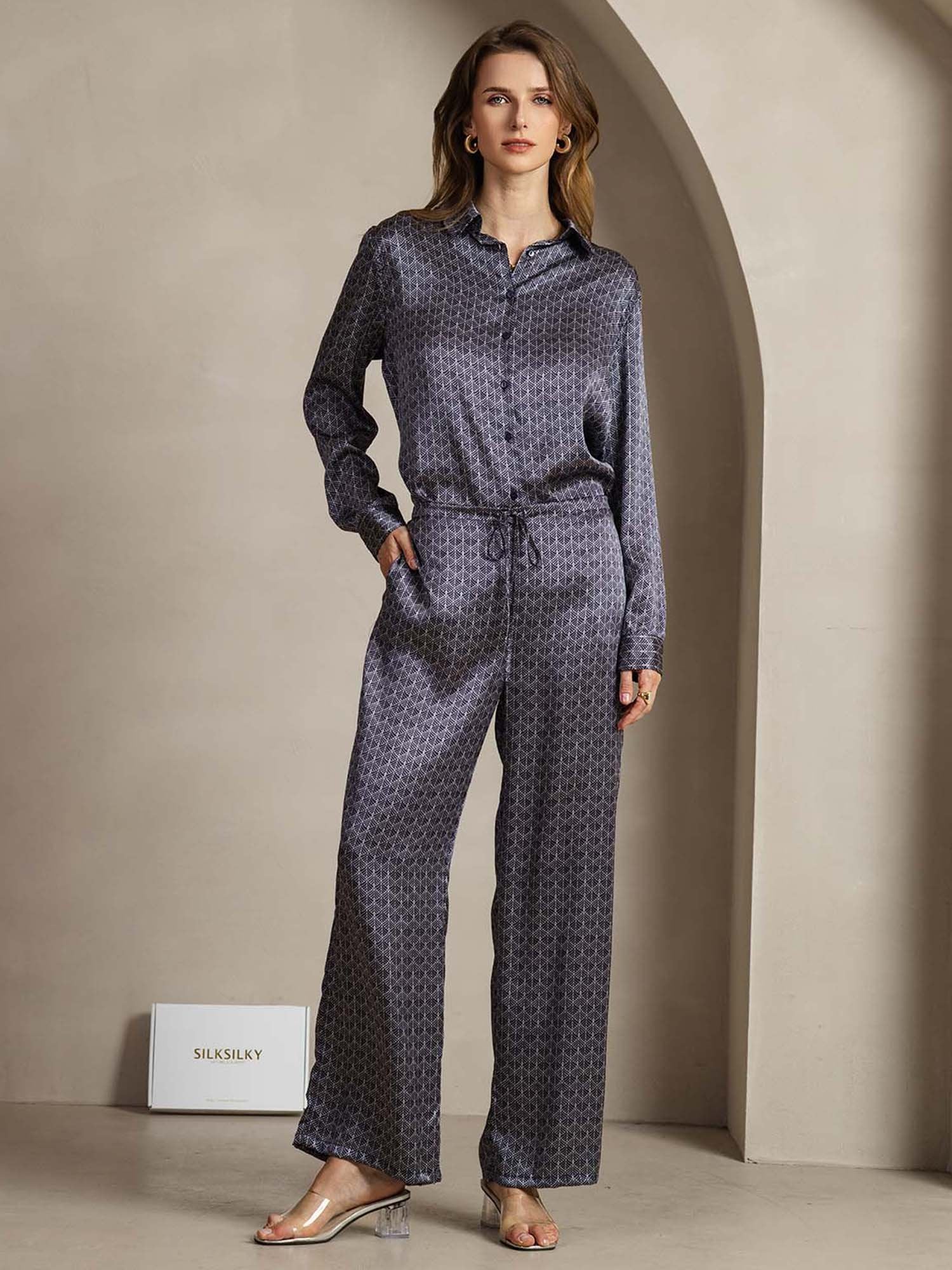 [MarineGinkgo] SilkSilky-DK 19Momme Silke Lapel Collar Women''s Outfit Sets 001