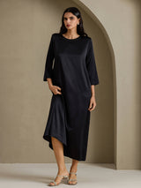 [Sort] SilkSilky-DK 3/4 Sleeve Round Neck Kjole 007