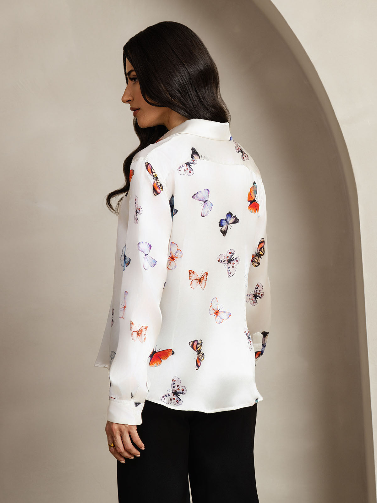 [Hvid Sommerfugl] SilkSilky-DK Silke Lapel Collar Dameskjorte 002