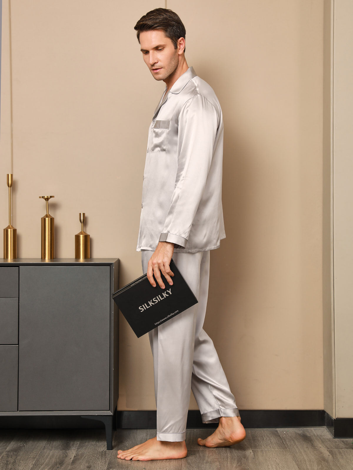 [Grå] SilkSilky-DK 19Momme Mens Pajamas 003