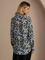 [Teal Leopard] SilkSilky-DK Long Sleeve Lapel Collar Bluse 002
