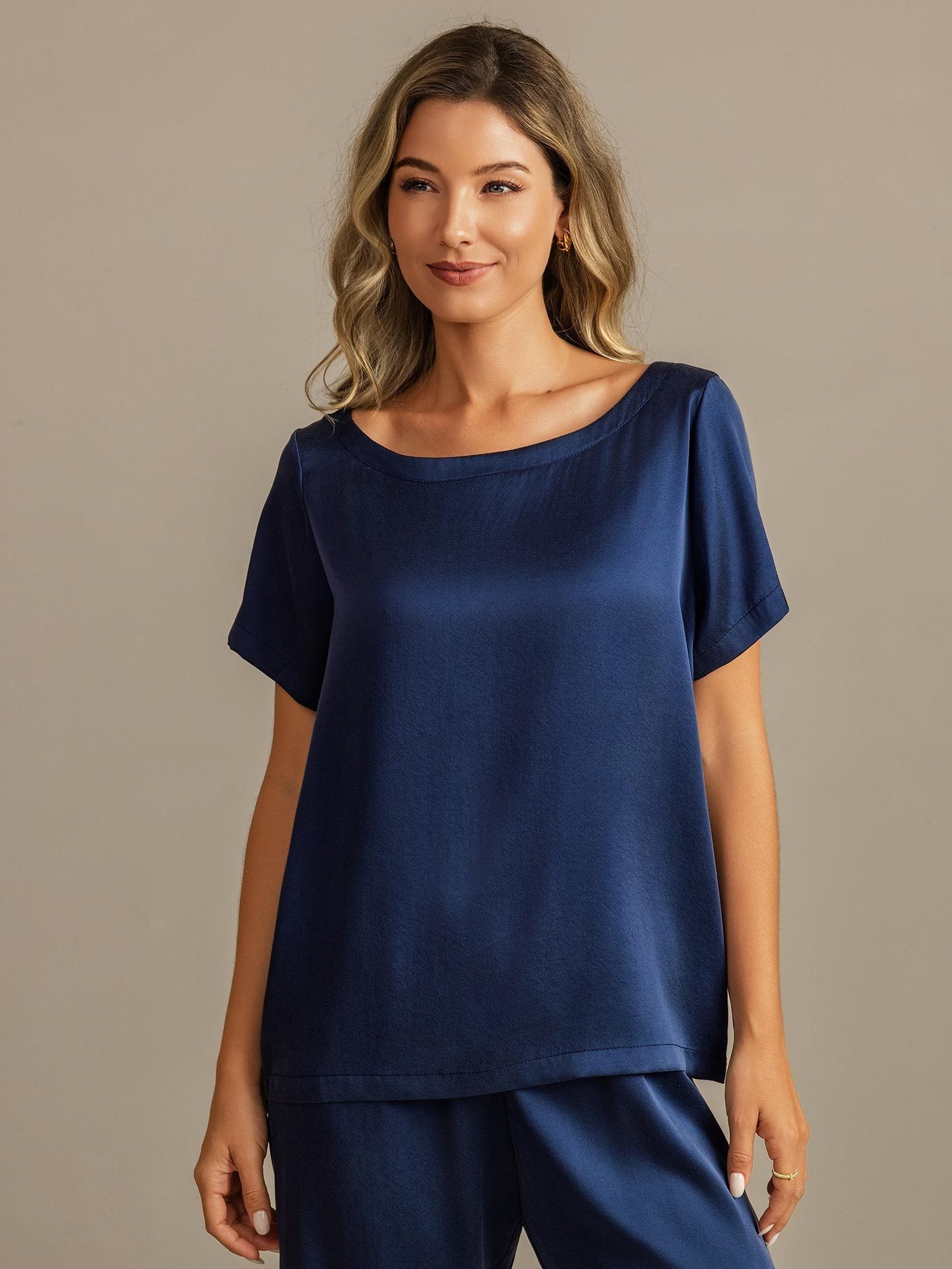 [Mørkeblå] SilkSilky-DK 19Momme Silke Womens Pajamas 007