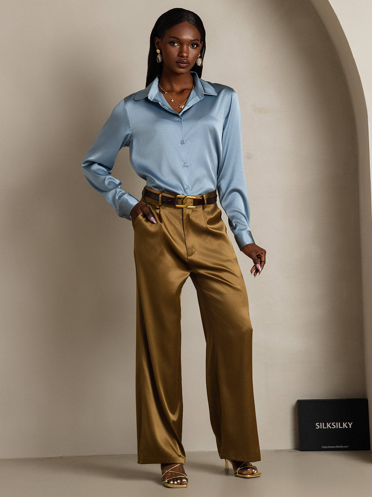 [Gråblå] SilkSilky-DK Silke Long Sleeve Collar Dameskjorte 007