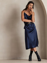 [Mørkeblå] SilkSilky-DK 19Momme Spaghetti Rem Drapert halsutringning Camisole Top 005