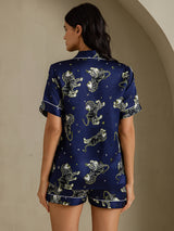 [Marineblå Løve] SilkSilky-DK Short Sleeve Notch Collar Dame Pyjamas 002