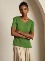 [Grøn] SilkSilky-DK Short Sleeve V Neck T-shirt til kvinder 007