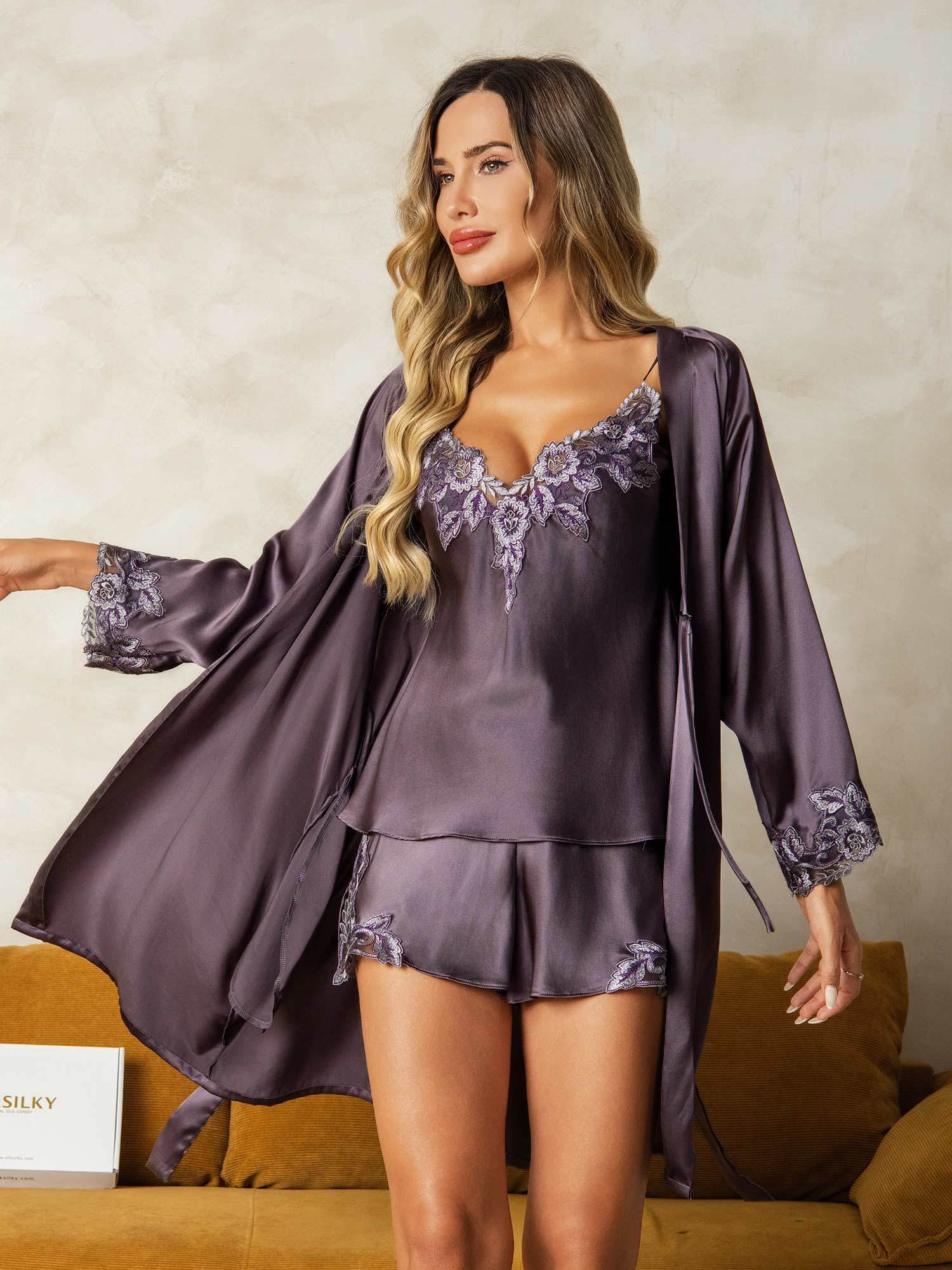 [LillaGrå] SilkSilky-DK Silke Wrap Natkjole & Morgenkåbe Sæt 001