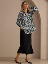 [Teal Leopard] SilkSilky-DK Long Sleeve Lapel Collar Bluse 006