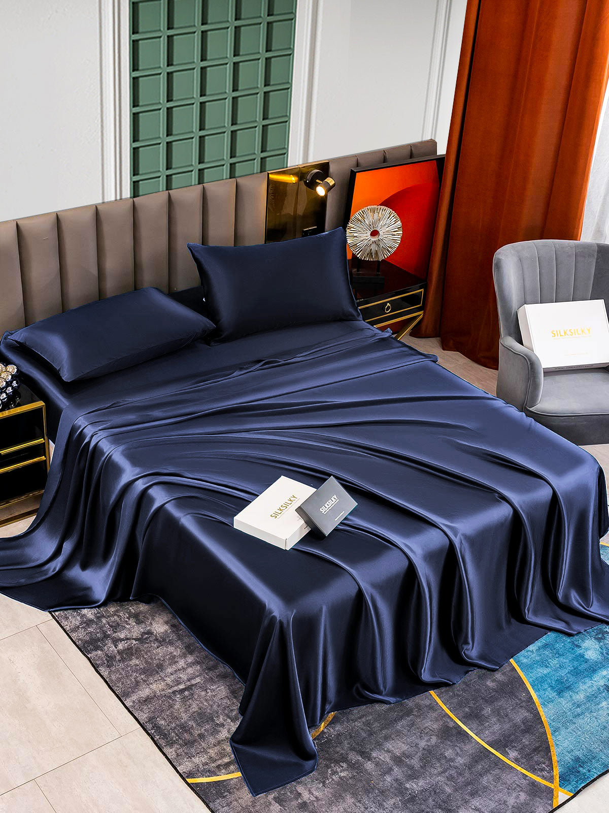 [Mørkeblå] SilkSilky-DK 25Momme Bedding Set 003