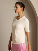 [Beige] SilkSilky-DK Kort ærme V Hals T-shirt til kvinder 006