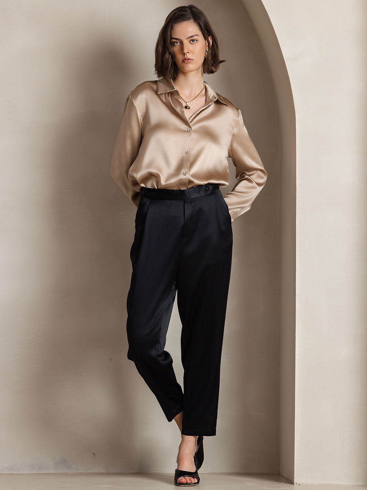 [Champagne] SilkSilky-DK Silke Long Sleeve Collar Dameskjorte 006