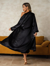 [Sort] SilkSilky-DK Long Sleeve V Neck Natkjole & Morgenkåbe Sæt 002