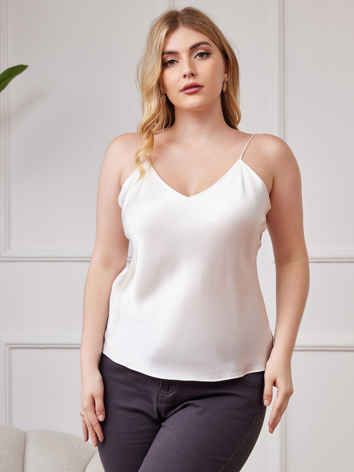 [Hvid] SilkSilky-DK Spaghetti Rem V Hals Plus Size Camisole Top 001