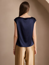[Mørkeblå] SilkSilky-DK Cap Sleeve Cowl Neck T-shirt til kvinder 002