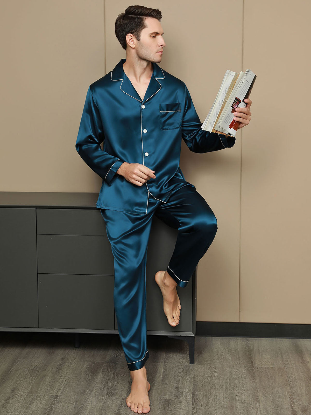 [Blågrøn] SilkSilky-DK 19Momme Mens Pajamas 001