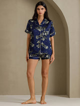 [Marineblå Løve] SilkSilky-DK Short Sleeve Notch Collar Dame Pyjamas 007