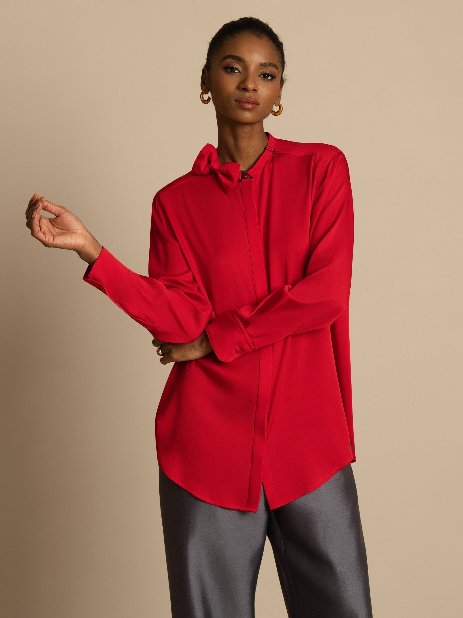 [Vin] SilkSilky-DK 19Momme Silke Langærmet Ståkrave Bluse 003