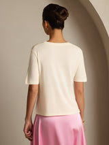 [Beige] SilkSilky-DK Kort ærme V Hals T-shirt til kvinder 002