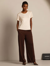 [Beige] SilkSilky-DK Kort ærme Rund Hals T-shirt til kvinder 006