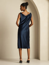 [Mørkeblå] SilkSilky-DK Sleeveless Cowl Neck Kjole 002