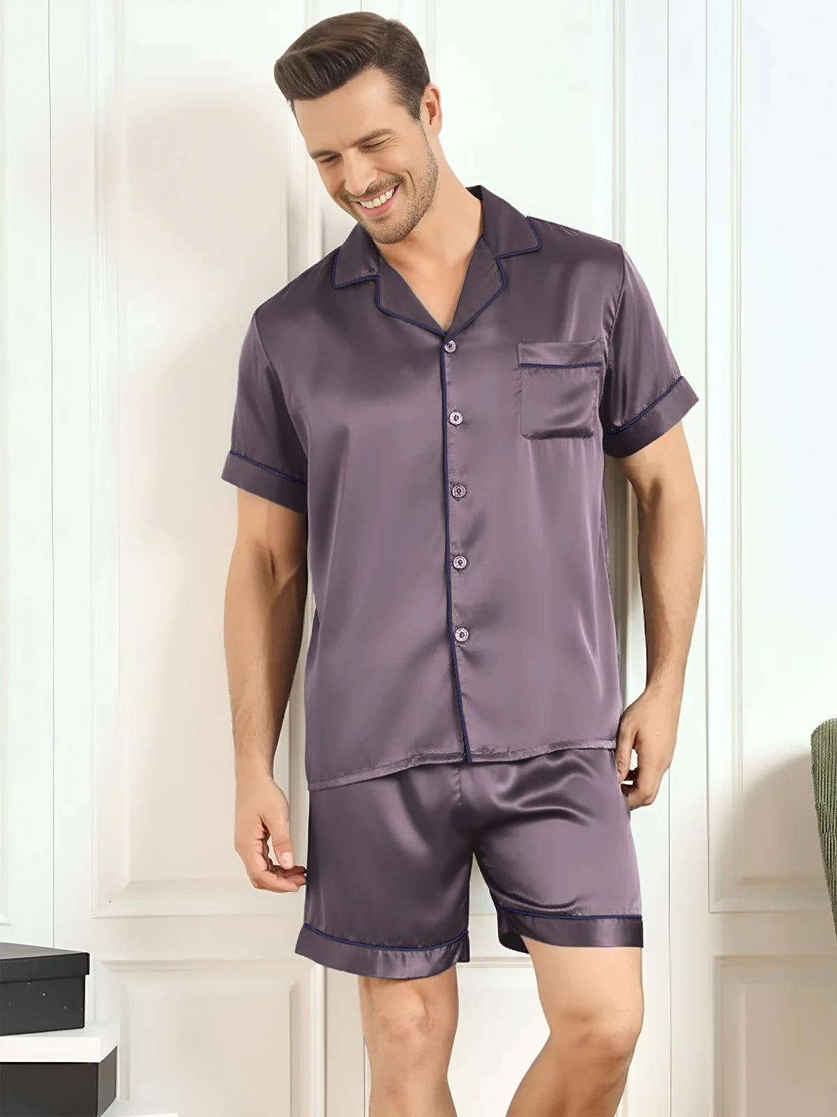 [Lilla Grå] SilkSilky-DK Mens Pajamas 001,