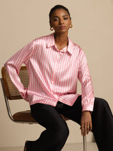 [Rosa Stribe] SilkSilky-DK Long Sleeve Lapel Collar Dameskjorte 009