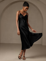 [Sort] SilkSilky-DK Spaghetti Rem Drapert halsutringning Kjole 005