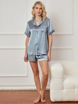 [Stål Blå] SilkSilky-DK Short Sleeve Lapel Collar Dame Pyjamas 003