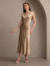 [Champagne] SilkSilky-DK Kappeærmer Scoop Neck Kjole 006