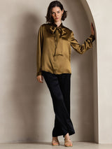 [Brun] SilkSilky-DK Long Sleeve Tie Neck Damebluser 005