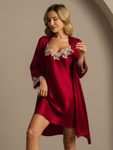 [Vin] SilkSilky-DK 3/4 Sleeve V Neck Natkjole & Morgenkåbe Sæt 003