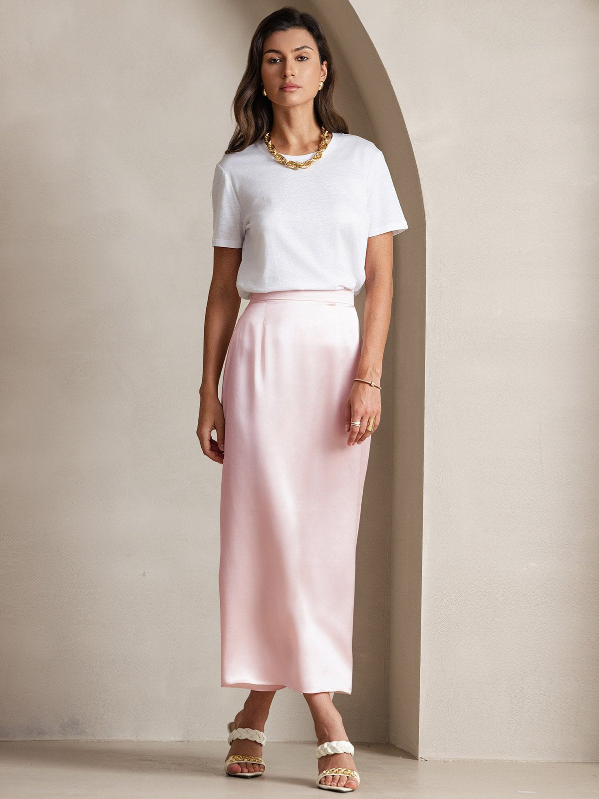 [Lyserød] SilkSilky-DK 19Momme Silke Skirt 005