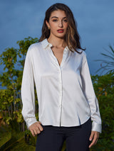 [Hvid] SilkSilky-DK Long Sleeve Lapel Collar Dameskjorte 005