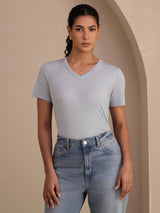 [Gråblå] SilkSilky-DK Short Sleeve V Neck T-shirt til kvinder 003