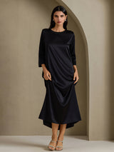 [Sort] SilkSilky-DK 3/4 Sleeve Round Neck Kjole 004